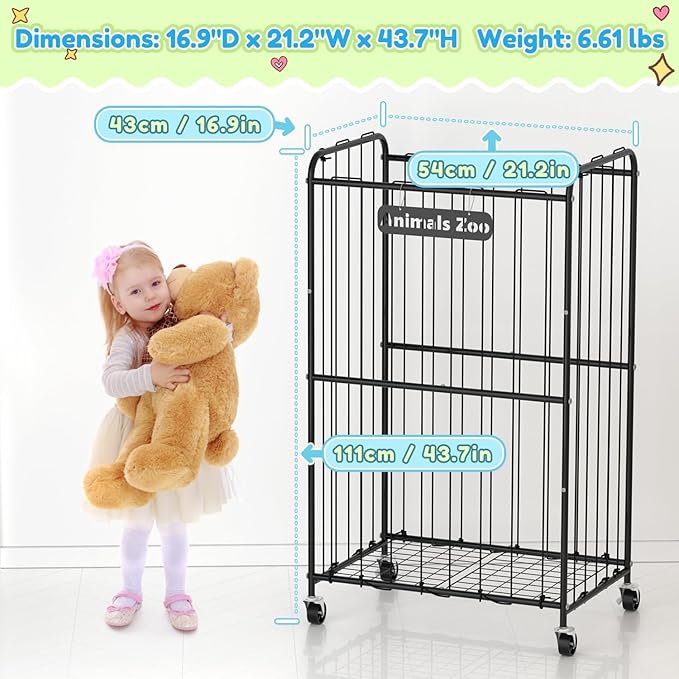 210L Stuffed Animal Storage Organizer Plush Toy Storage Organizer Stuffed Animal Toy Holder, Kids Toy Bins with Wheels, Metal Frame and Elastic Cord Design, Suitable for Storage of Big Toys