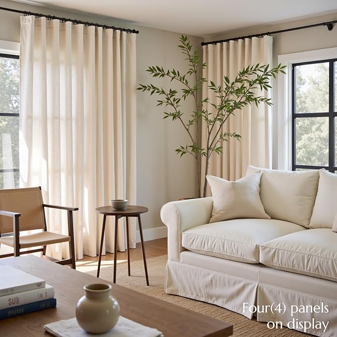 jinchan Beige Linen Blend Curtains 90 Inches Length 2 Panels for Bedroom Living Room, Light Filtering 60 Inches Wide Natural Farmhouse Drapes with Rod Pocket Back Tab (60W x 90L, Ecru)
