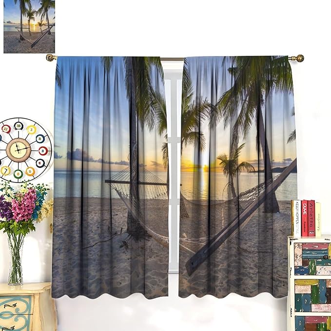 Ocean Beach Curtains,Morning Sunrise Hawaiian Seaside Scene Pattern Blackout Print Home Bedroom Living Room Window Treatments 2 Panel Set 42x63 Inch
