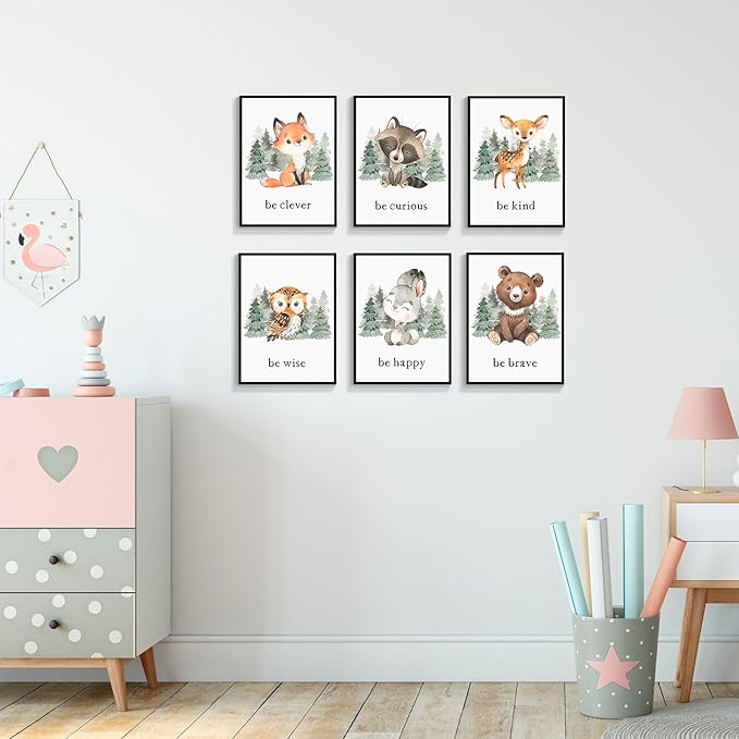 gooptyinh Framed Woodland Nursery Animal Canvas Wall Art, 6 Piece Inspirational Forest Animals Print Posters, Motivational Quotes Cute Bear Fox Rabbit Deer Raccoon Owl Decor for Baby Bedroom 8x10in