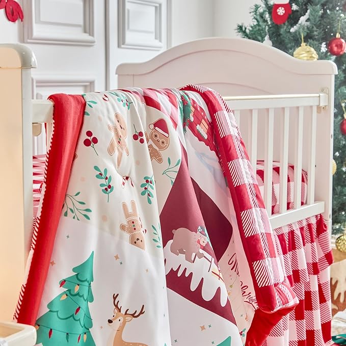 Christmas Crib Bedding Set 3 Pcs with Santa Snowman Red White Design, Quilted Comforter Fitted Sheet & Bed Skirt, Holiday Baby Crib Set