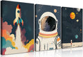 3Pcs Astronaut Wall art Nursery Space Adventure Posters Prints Rocketship Wall Decor Explore Dream Galaxy Canvas Prints Funny Planet Painting for Boys Girls Kids Bedroom Living Framed