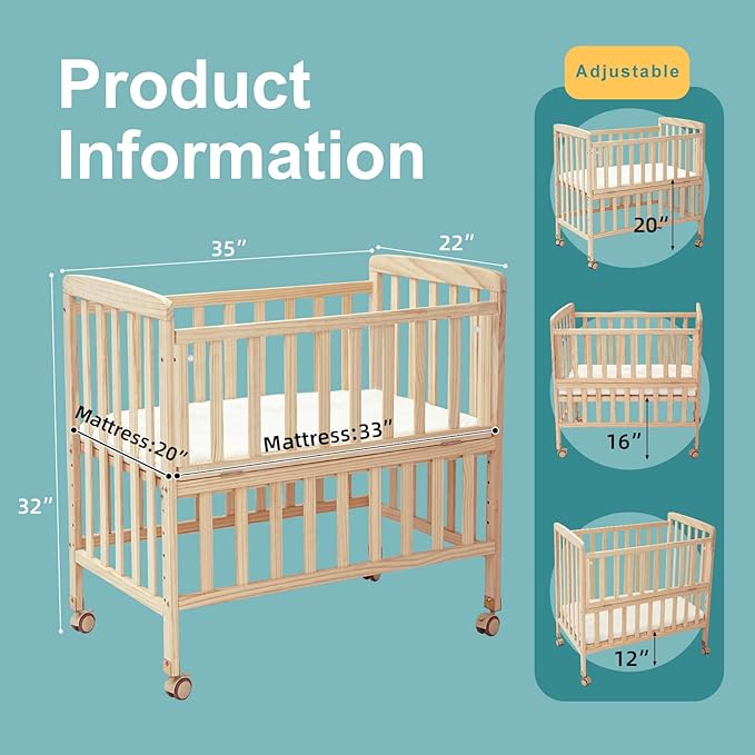 Portable Mini Baby Crib - Convertible Baby Cribs with Soft Foam Mattress(33 * 20"),6 Heights Bedside Bassinet Sleeper,Wheeled Bedside Crib Co Sleeper for Small Space,Unpainted