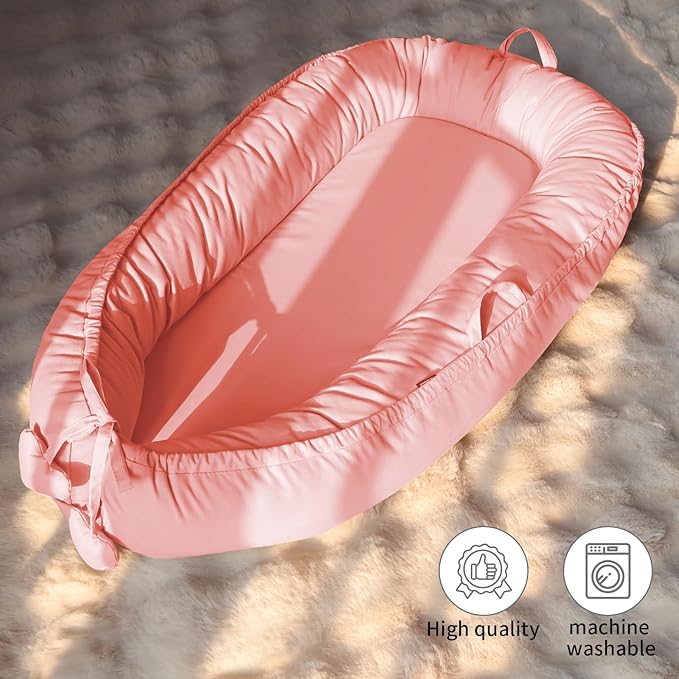 Baby Lounger - Baby Lounger for Newborn 0-24 Months, Soft Breathable Cotton Infant Lounger Cover, Portable Baby Nest for Travel, Newborn Essentials for Baby Girl (Pink)