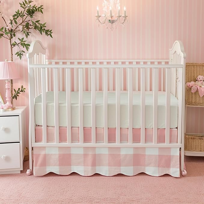 Brandream Scallop Edge Cotton Crib Skirt, Baby Boy Girl Gender Neutral Crib Skirt Toddler Bedskirt Farmhouse Chic Nursery Crib Bed Skirt, Boho Bohemian Light Pink Plaid Gingham