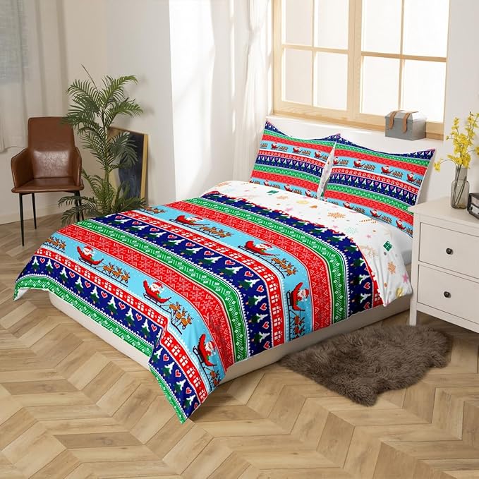 Christmas Duvet Cover Cartoon Santa Claus Deer Bedding Set for Kids Boys Girls Teens Room Decor Christmas Tree Comforter Cover Set Exotic Ethnic Pattern Bedspread Cover 2Pcs Zipper Toddler Size