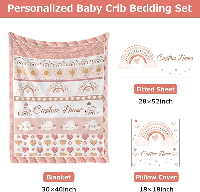 Personalized Baby Crib Bedding Set,3 Piece Custom Name Nursery Set with Blanket, Fitted Sheet & Pillowcase for Baby Girls & Boys, Boho Rainbow Theme(Fixed Size)