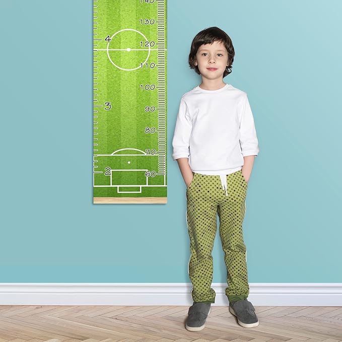 Personalized Kids Name Growth Chart Ruler for Wall Wood Frame Height Measure Chart 13.4x56 in Linen Hanging Height Growth Chart Football Field Kids Room Decor