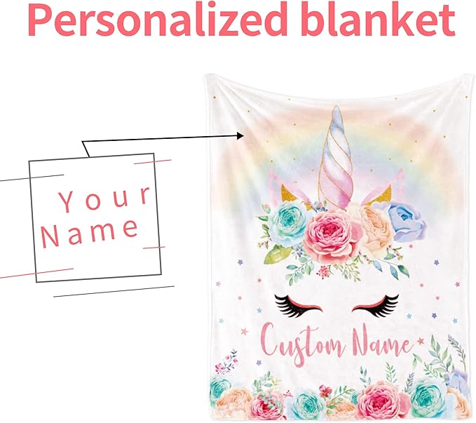 Custom Horse Blanket with Name for Girl, Personalized Name Blanket for Kids, Soft Flannel Pink Toddler Blanket Customized Gift for Birthday Christmas Baby Shower Children Day 40x50in