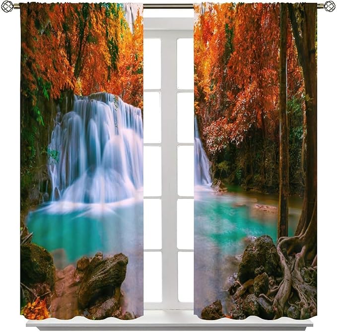 Autumn Forest Waterfall Blackout Curtains, Fall Leaves Trees Jungle Country Nature Landscape Window Drapes, for Bedroom Living Room 63" W X 72" L