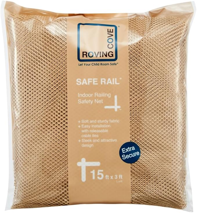 Roving Cove Stair Banister Guard 15ft x 3ft, Railing Safety Net for Baby Proofing, Child Safety Stairway Cover, Balcony Mesh Netting, Almond Brown