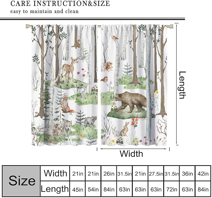YCness Woodland Animals Curtains, Wild Animals Watercolor Forest Bear Deer Fox Rabbit Floral Nature Window Treatments for Bedroom Kitchen Nursery Living Room Drapes, 42x45 Inch
