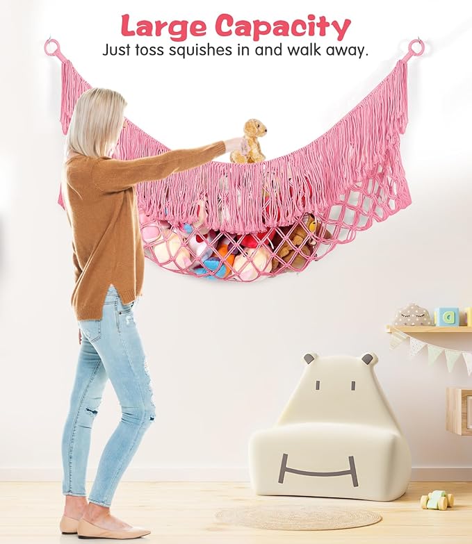 Stuffed Animal Hammock - Extra Large 63'' Long, Stuffed Animal Storage, stuffed animal Holder net, Toy Hammock Large, Toy Storage Hanging Organizer - Pink