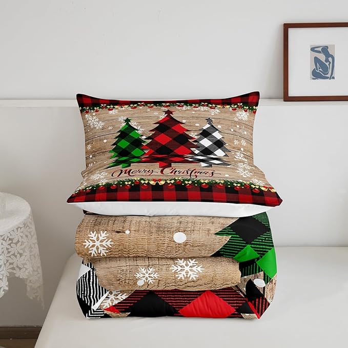 Manfei Plaid Tree Comforter Set Full Size, Wooden Stripe Print Bedding Set 3pcs for Kids Boys Girls Bedroom Decor, Christmas Theme New Year Quilt Set with 2 Pillowcases