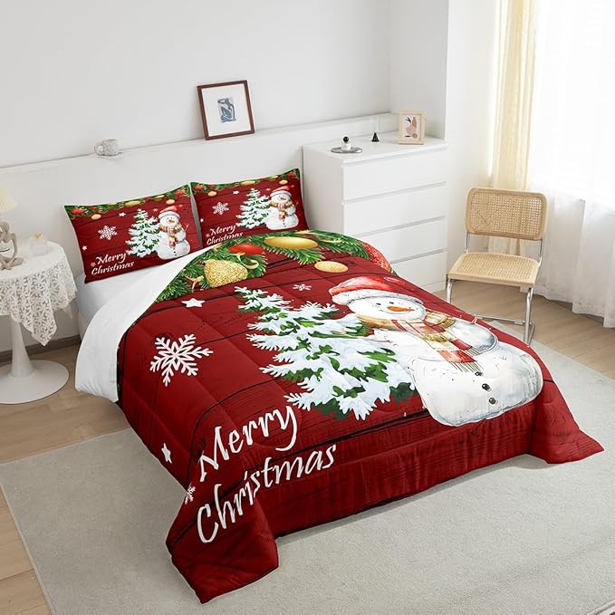 Manfei Christmas Comforter Set Full Size, Cute Snowman Tree Print Quilt Set with 2 Pillowcases, New Year Theme Rustic Style Xmas Bedding Set 3pcs for Kids Boys Girls Bedroom Decor