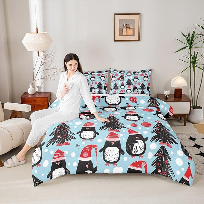 Feelyou Christmas Comforter Set All Season Penguin Bedding Set with 2 Pillow Cases Xmas Tree Microfiber Kids Queen Bedclothes Christmas Balls Bedroom Decor Duvet Quilt Breathable Soft Lightweight