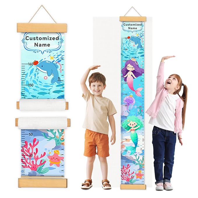 Personalized Name Height Chart for Kids, Kids Growth Chart for Wall, 59" X 7.9" Canvas Removable Height Chart Measuring Ruler for Kids & Baby(Painted Ocean）