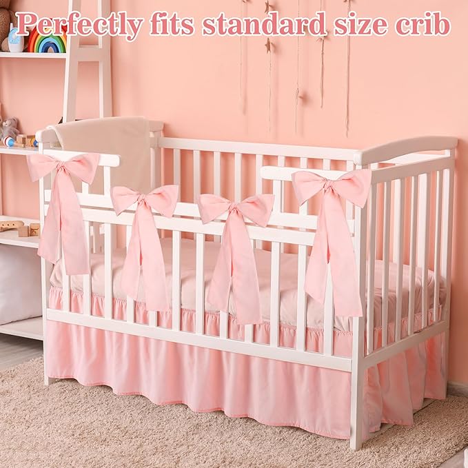 Pink Crib Bed Skirts with 4 Large Cot Bow 28" x 52" Baby Crib Skirt for Boys Girls Nursery Toddler Bedskirt Dust Ruffle 14" Drop