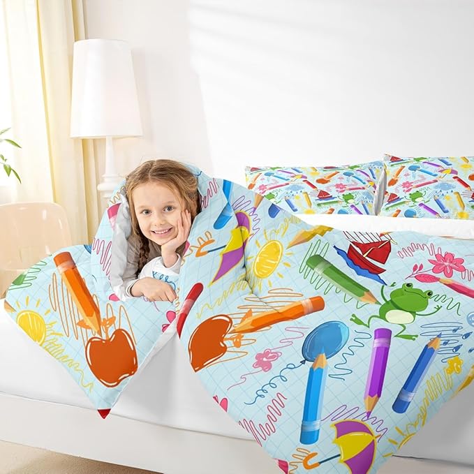 Feelyou Kids Cartoon Pencil Comforter Set Queen Size, Colorful Nursery Bedding Set Cute Crayon Comforter for Kids Boys Girls Funny Art Printed Duvet Set Durable Bed Set 3Pcs