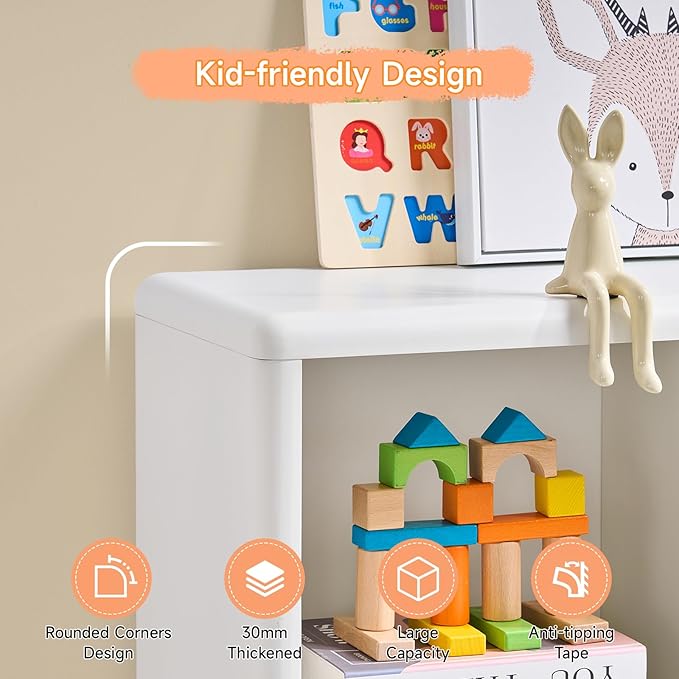 Kids Bookshelf, Large Wooden Bookcase with 6 Cube Storage, Girl Toy Storage Organizer Cabinet with Child Safe Paint&Thick Board, Boy Tall Book Shelves Nook for Office Playroom Living Room (White)