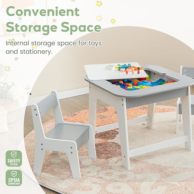 INFANS Kids Table and Chair Set, 3 in 1 Wooden Activity Table with Removable Tabletop, Blackboard and Whiteboard for Toddlers Arts Crafts Drawing Reading Playing, Playroom Nursery (Grey)