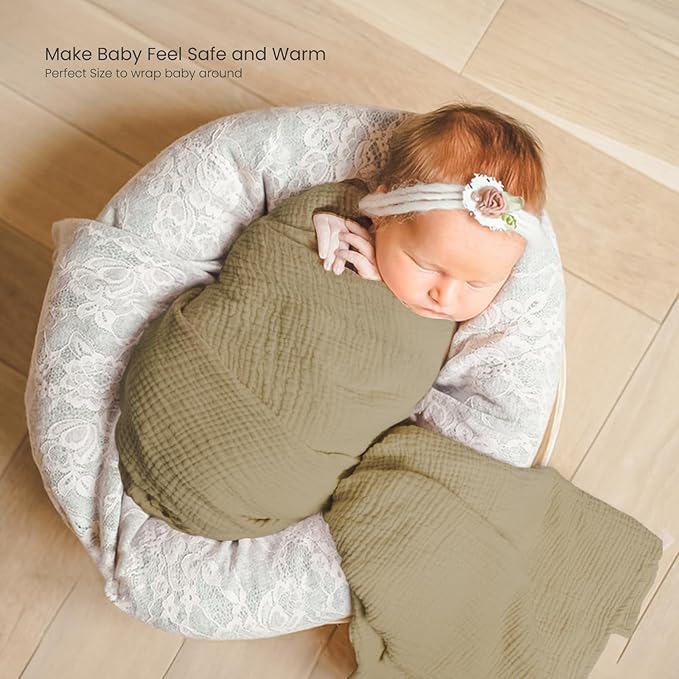 lulumoon Muslin Swaddle Blankets for Baby: Cotton & Soft Receiving Blanket for Newborn with Leaves Printed- Neutral Gift for Baby Shower 2pack(Olive Leaf)