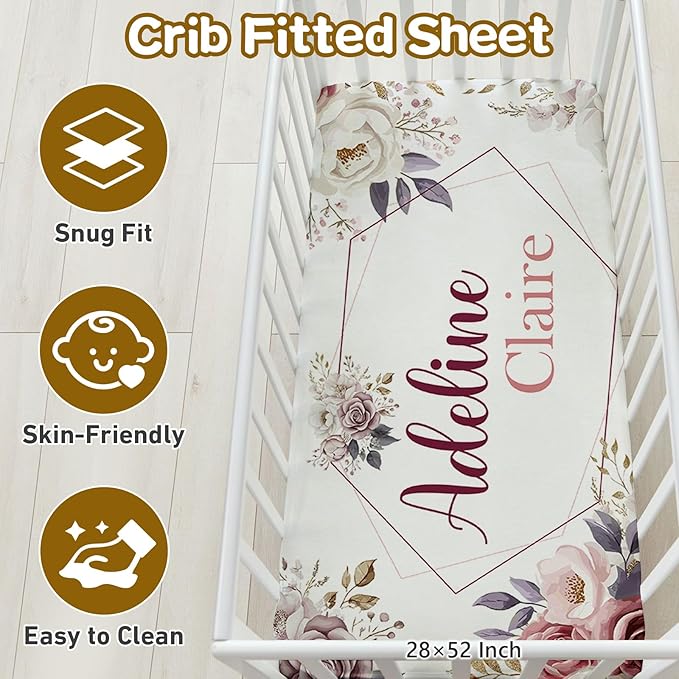 Custom Name Crib Bedding Set, 3 Pcs Personalized Baby Crib Bedding Set, Soft Rose Nursery Crib Sets for Boys Girls, Double Layer Toddler Bedding Set Customized Gifts for Newborn Kids