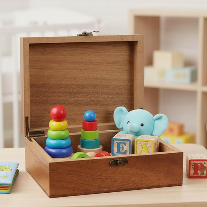 Personalized Baby Memory Pine/Walnut Wooden Box for Keepaske, 10*8*3.5in Large Pine Boxes Custom Newborn Gifts Engraved Wood Box with Lid, Baby Shower Gifts for Boys Girls Keepsake Storage Boxes