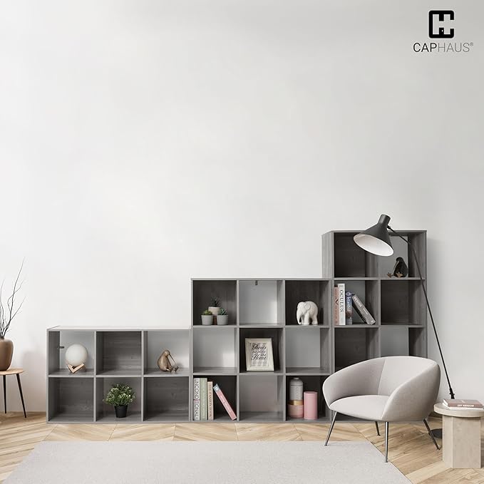 CAPHAUS 11-Inch Cube Storage Organizer Shelf, Home Storage Shelf Divider w/Back, 9-Cube Storage Bookcase, Greige Oak