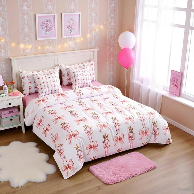 7 Pieces Cartoon Nutcracker Kids Comforter Set Full,Pink Bowknot Romantic Princess Bedding Set,Ballet Merry Christmas Bow Tie Dreamy（Comforter+Fitted+Flat Sheet+2 Pillowcases+2 Throw Pillow Covers）