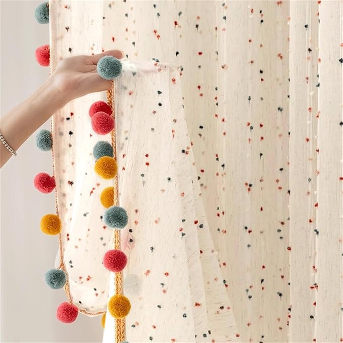 Boho Rainbow Sheer Curtain with Colorful Pom Pom Voile Drapes Light Filtering Faux Linen Stripe Pompom Rod Pocket Window Drapes for Boys/Girls Bedroom/Nursery 2 Panels (W42 X L63 Inch-2PCS,White)