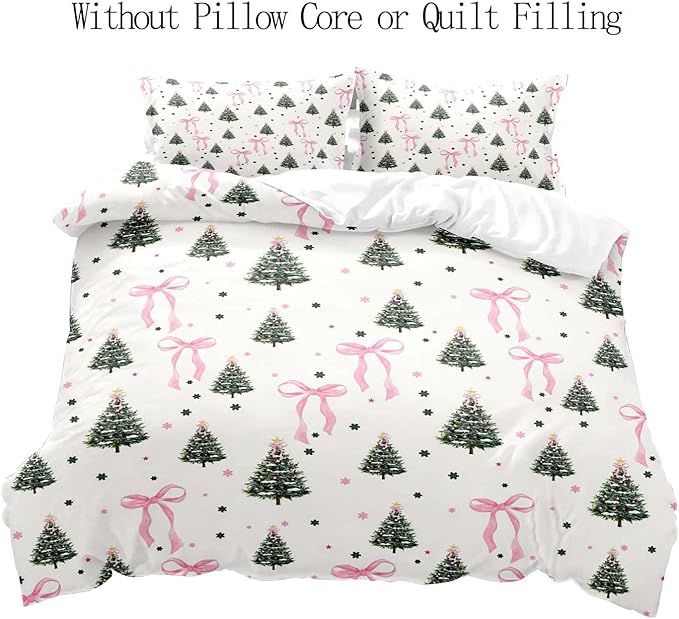 LUVIVIHOME 3PCS Pink Bow Christmas Tree Duvet Cover Queen Bedding Sets, White Duvet Cover, Teen Girls Bedding, Winter Holiday Christmas Comforter Cover, Coquette Room Decor Aesthetic, 2 Pillow Shams