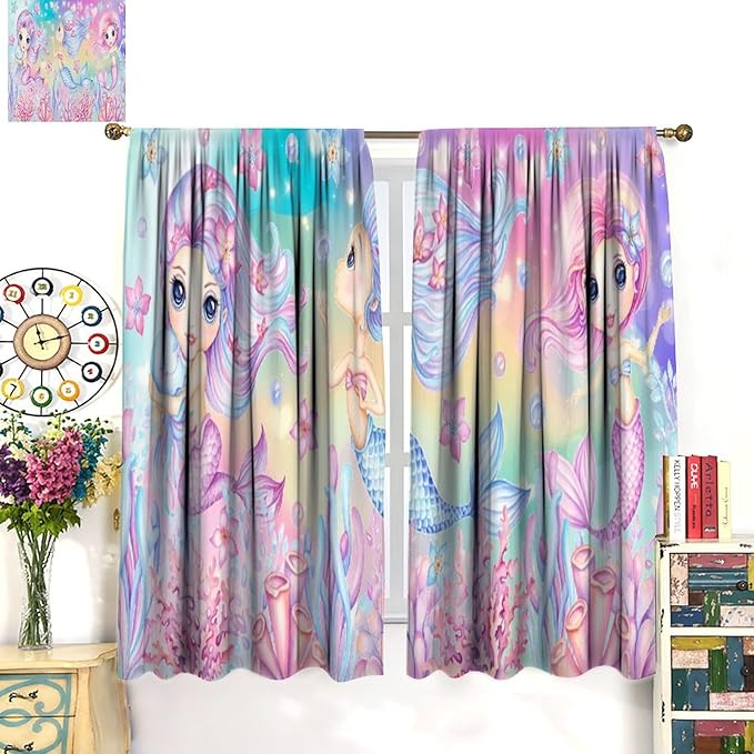 Cartoon Mermaid Kids Curtain Fantasy Ocean Theme Coral Flower Floral Window Treatment for Kids Girls Bedroom Nursery Room Decor Rod Pocket Blackout Window Drapes 63x72in