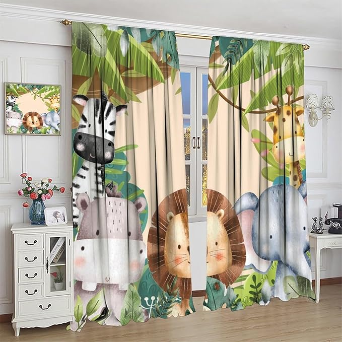 Jungle Animals Curtains Colorful Forest Cartoon Wildlife Lion Giraffe Elephant for Kids Boys Girls Nursery Bedroom Living Room Blackout Rod Pocket Decoration Window Drapes 2 Panels W42xL84in