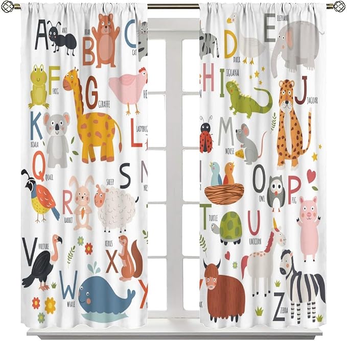 Alphabet Kids Learning Curtains Cartoon Animal Baby Boys Child Educational Curtain with Rod Pocket for Bedroom Nursery Home Decor Drapes Window Treatments 2 Panels Set 63" W X 72" L