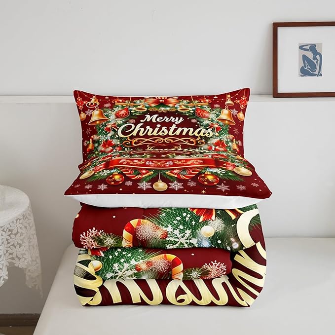 Merry Christmas Bedding Set - Full Size, Kids Boys Girls Room Decor - Christmas Wreath Snowflake Comforter Set, Red Xmas Ball Glitter Duvet Insert 3Pcs, Quilt Set, 2 Pillowcases