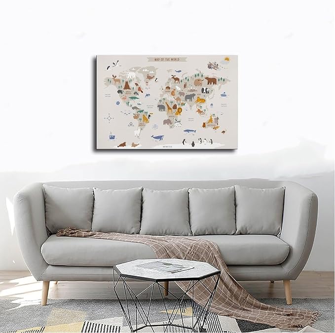 KIPNG Kids World Map - Playroom Animal World Map - Nursery Educational Poster Canvas Poster Bedroom Sports Landscape Office Room Gift Frame-style20x30inch(50x75cm)