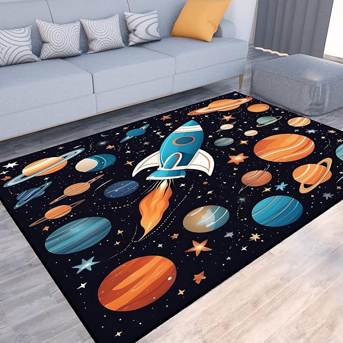 Space Rug for Kids Room Rocket Rugs Cartoon Stars Carpet Galaxy Planet Printed Throw Rugs for Boys Children Bedroom Living Room,39 in x 79 in