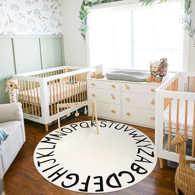 LIVEBOX ABC Play Room Round Kids Rug Circle for Playroom, Learning Nursery Rug Alphabet Washable Rug for Baby Boy and Girl Bedroom, Non-Slip Educationa Carpet for Toddlers (59",Black,Beige)