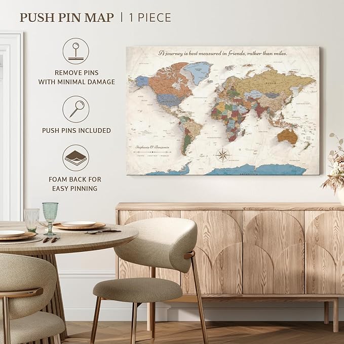 ElephantStock - Personalized Journey V Push Pin World Map Wall Art - Horizontal Canvas Wall Art - Living Room Wall Decor - Digital Art Map Canvas Art - Beige And Orange Decor - 12" x 8"