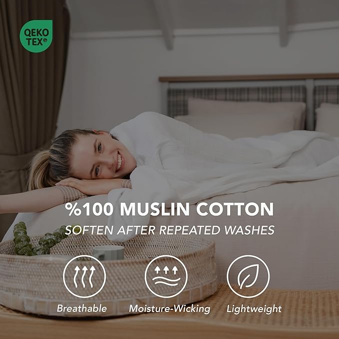 Goqan Muslin Throw Blanket 55x60 – 100% Cotton 4 Layer Boho Muslin Blanket for Adults, Lightweight, Soft, Breathable for Bed, Couch, Picnic - White