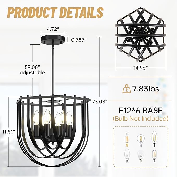 WJShome 6-Light Modern Farmhouse Chandelier, Black Dining Room Light Fixture, Hanging Pendant Lights Kitchen Island, Foyer Lighting Fixtures with Metal Frame, for Living Room, Bedroom, Entryway