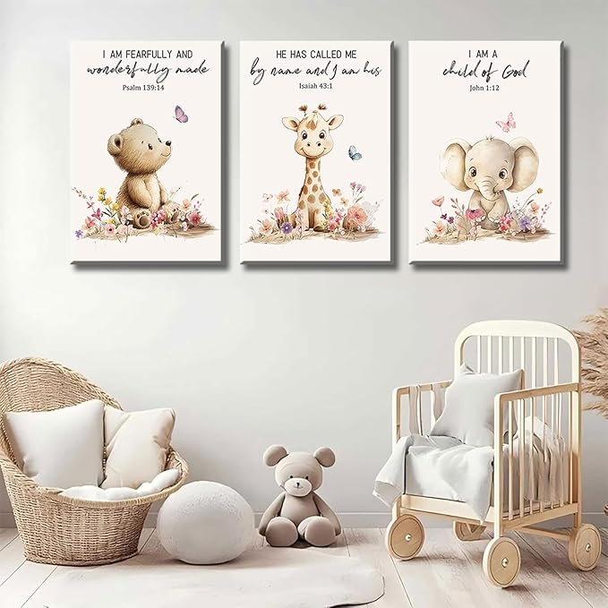 3Pcs Nursery Animal Bible Verse Canvas Wall Art Cute Bear Elephant Giraffe Wall Decor Pictures Christian Baby Nursery Posters Prints for Kids Boys Girls Room Home Decoration 12x16in