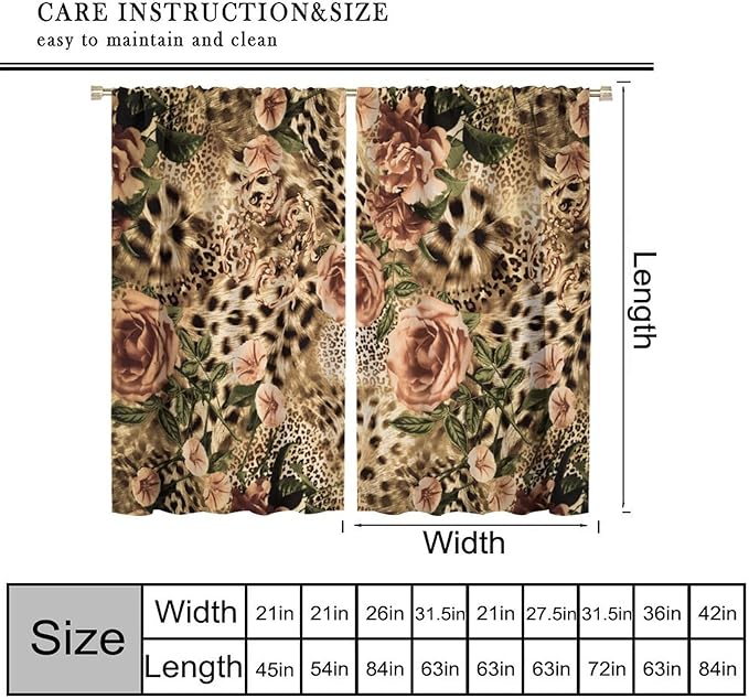 Leopard Floral Blackout Curtains, Cute Boho Floral Cheetah Animal Pattern Safari Natural Theme Window Treatments for Bedroom Living Room 42" W X 45" L