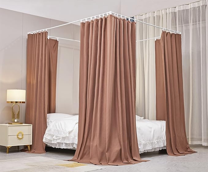 VETHIN Elastic Roof Style Four Corner Post Princess Bed Canopy Curtains Cozy Breathable Tent Canopy Mosquito Net for Girls & Adults Bedroom Decoration (Brown, 47-53" W*78" L*82"*H/(Twin-Full))