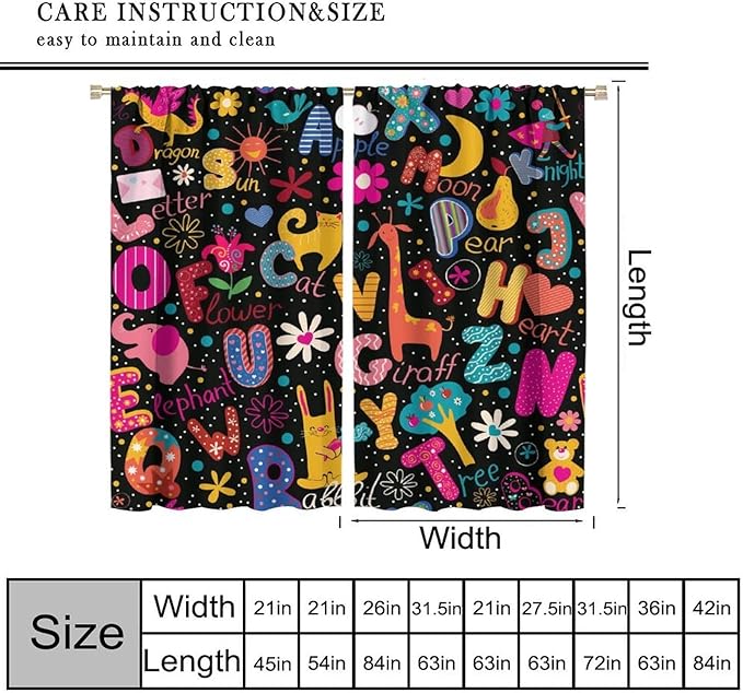 Cartoon Alphabet Curtains Funny Education Animal Giraffe Curtain with Rod Pocket for Bedroom Living Room Home Decor Drapes Thermal Insulated Window Treatments 2 Panels Set 42" W X 45" L
