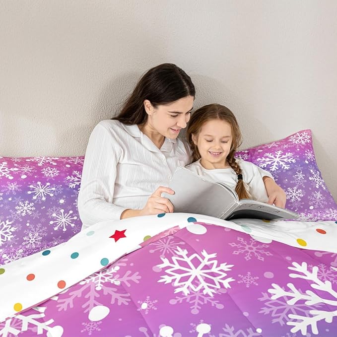 Feelyou Christmas Comforter Set All Season Pink Purple Bedding Set with 2 Pillow Cases Winter Snowflake Microfiber Kids King Bedclothes New Year Holiday Bedroom Decor Duvet Quilt Soft Lightweight
