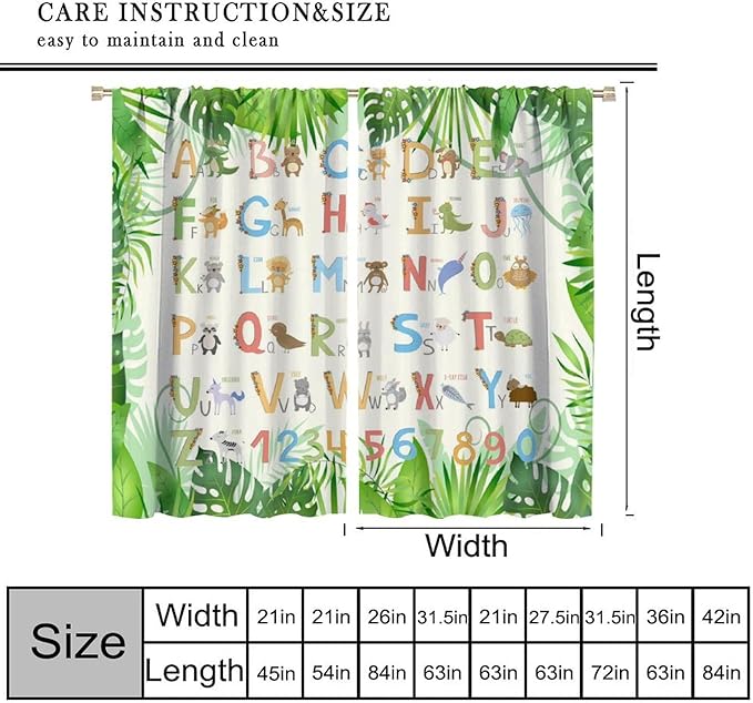 Kids Animal Alphabet Curtain Tropical Plant Alphabet Educational Printed Rod Pocket Blackout Window Drapes for Bedroom Living Room Nursery School 72" W X 63" L