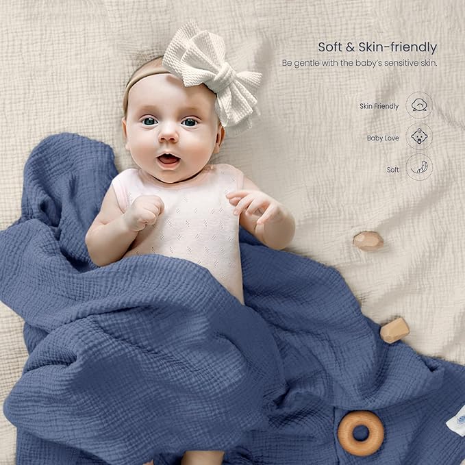 lulumoon Muslin Swaddle Blanket Baby - Cotton Swaddling Blanket Soft Baby Receiving Blankets Neutral 2Pack(Navy)