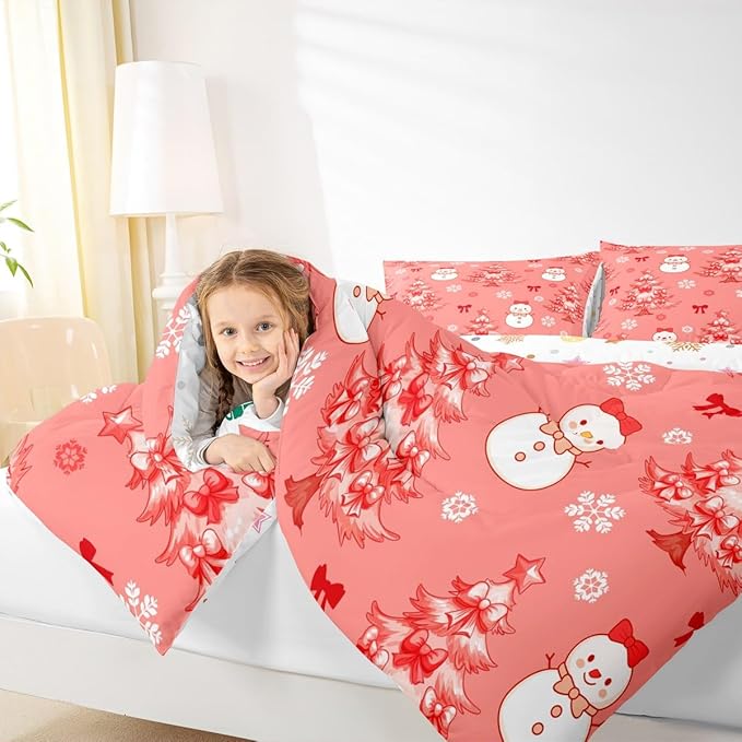 Feelyou Merry Christmas Kids Comforter Set King Size Cute Snowman Bedding Set Cartoon Bowknot Duvet Quilt for Kids Boys Girls Bedroom Christmas Tree Decor Microfiber Ultra Soft Breathable